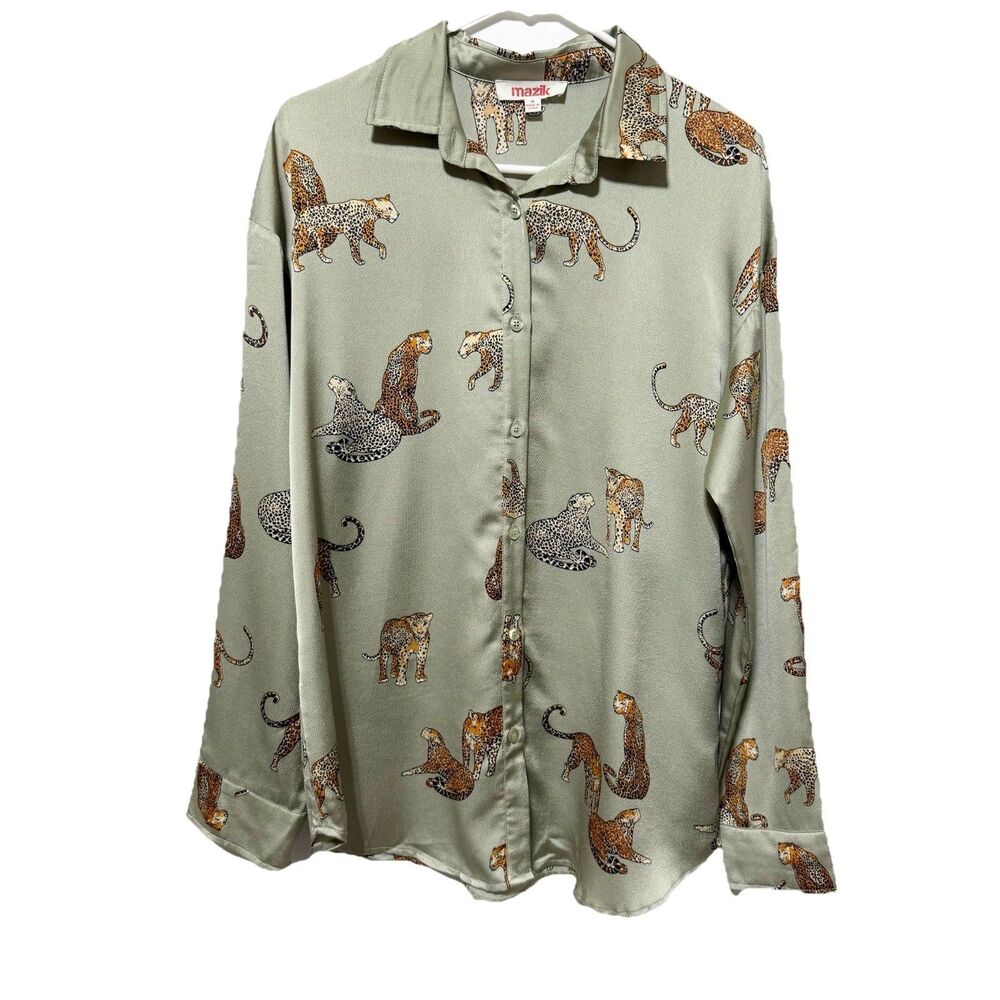 MAZIK Blouse Top M Cheetah Satin Stretch Button Up Safari Career Office Animal
